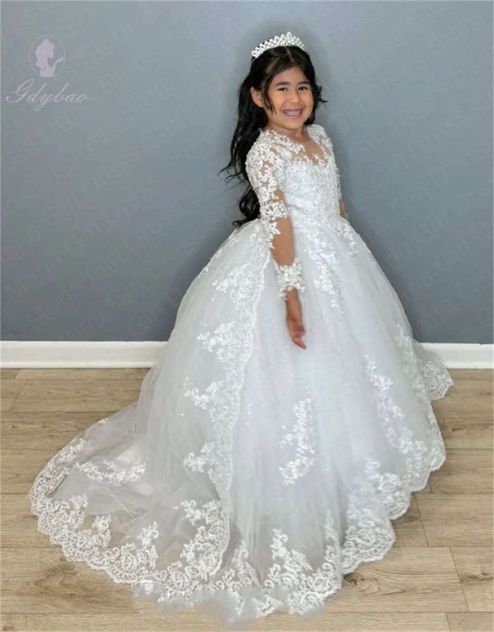 Elegant White Lace Long Sleeve Custom Flower Girl Dress Mesh For First Sacrament Banquet Guests Children's Evening Dress