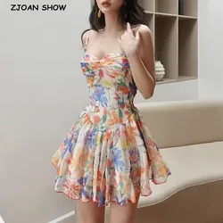 2023 Sexy Flower Print Ruched Bra Corset style Spaghetti Strap Mini Dress Women Party Skater Short Faux Silk Sling Robe Vestido