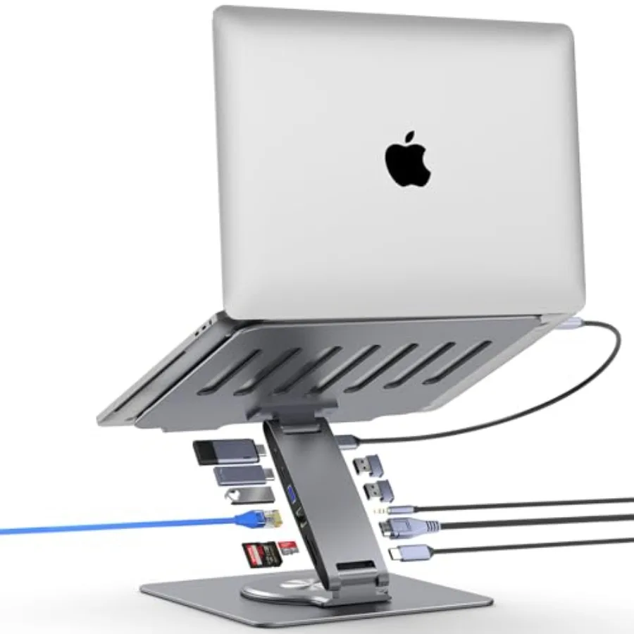 

Desk laptop stand with docking station for 7-15.6 devices: aluminum, silver, adjustable height and 360 swivel, 11-in-1 hub with