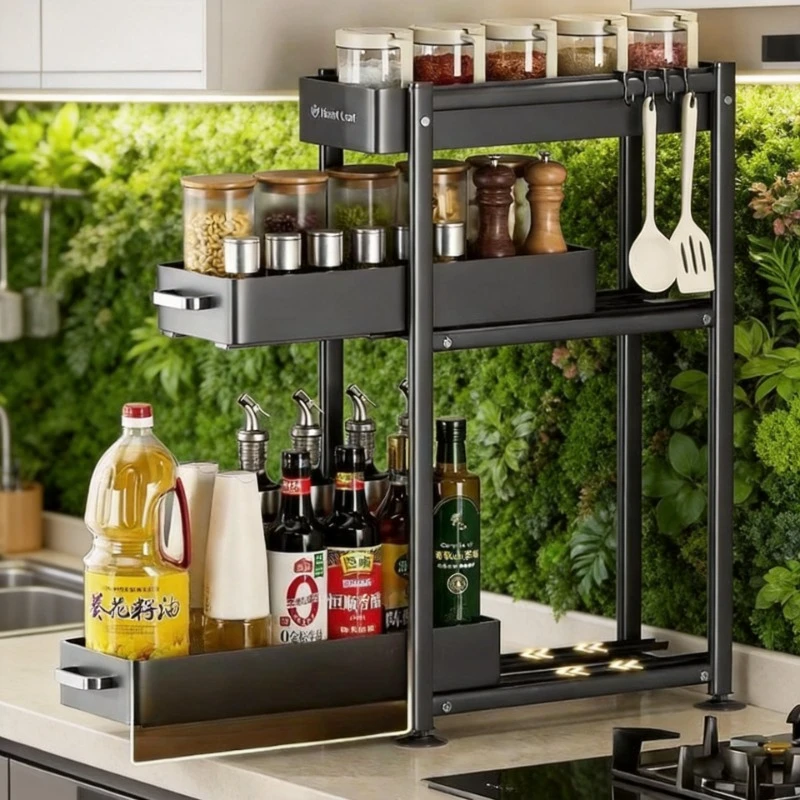 

Slide-Out Spice Rack Organizer Narrow Countertop Shelf for Seasoning Multifunctional Storage Racks Space-Saving Condiment Holder