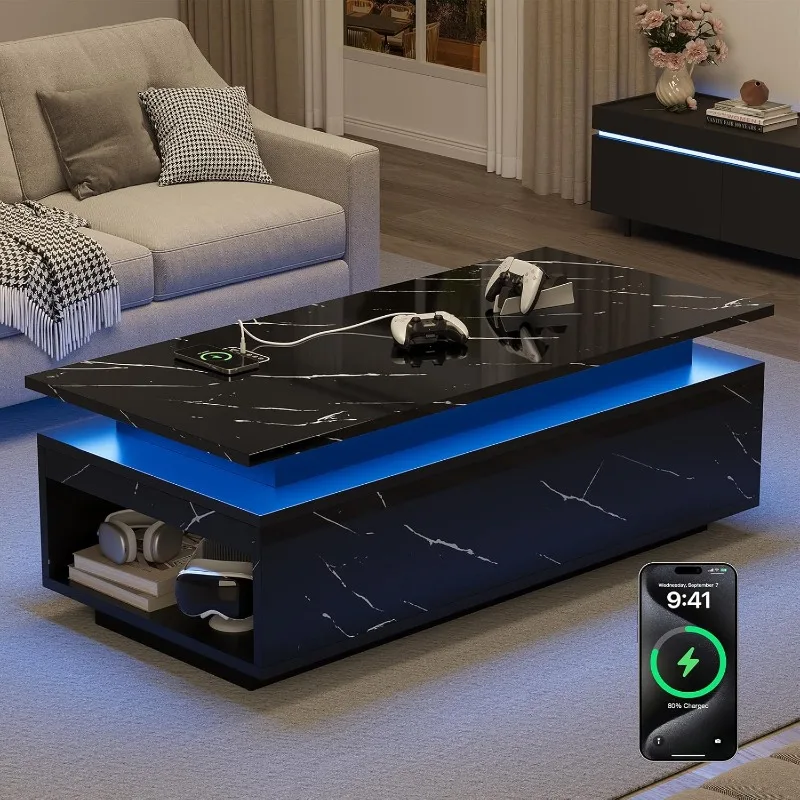 

LED Coffee Table with Storage, Black Coffee Table with Wireless Charging and Speaker, High Glossy Modern Center Table with 24 Co