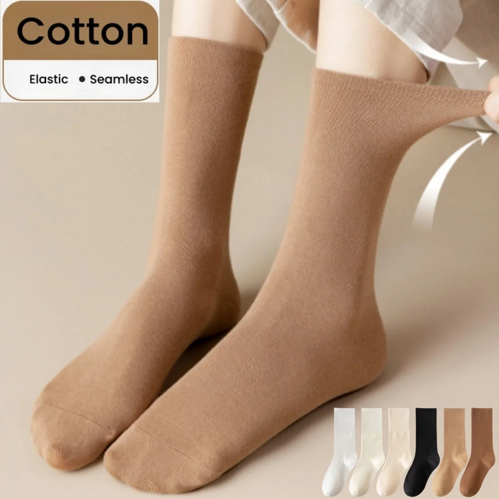 Women's Pure Cotton Socks Middle Tube Solid Color Vertical Stripes Long-staple Cotton Comfortable Breathable Be Durable Stocking