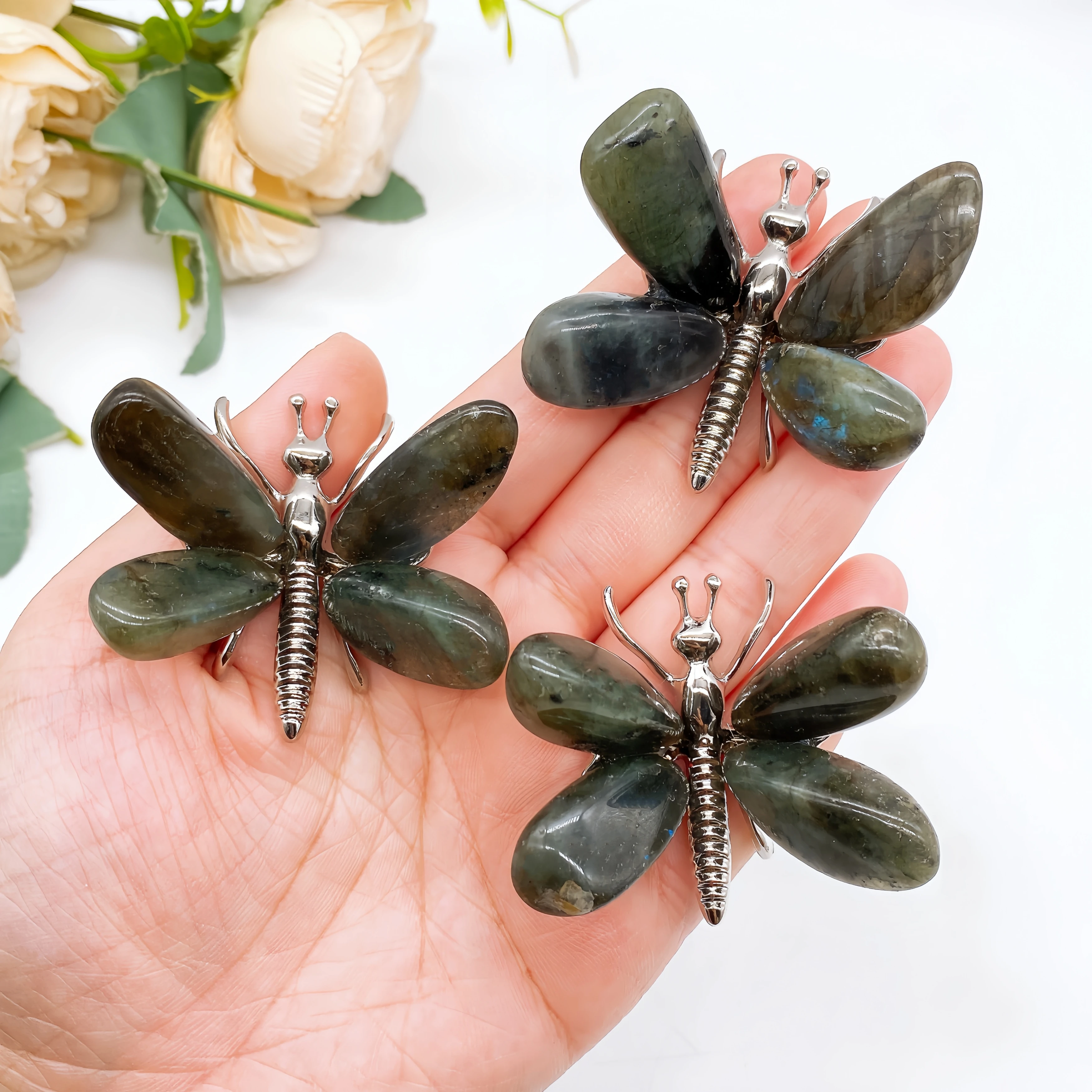 

1PC Natural Labradorite Butterfly Crystal Purple Quartz Stone spar crafts Dragonfly Reiki Healing Home Decor Children Gift