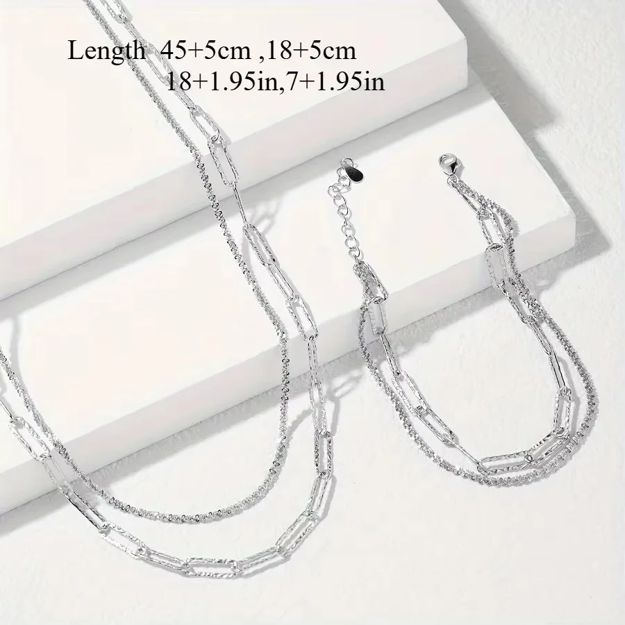 Luxury Brand 2pcs Lovely 925 Sterling Silver Necklace Bracelet Jewelry Set For Women Paperclip Chain Party Wedding Engagement