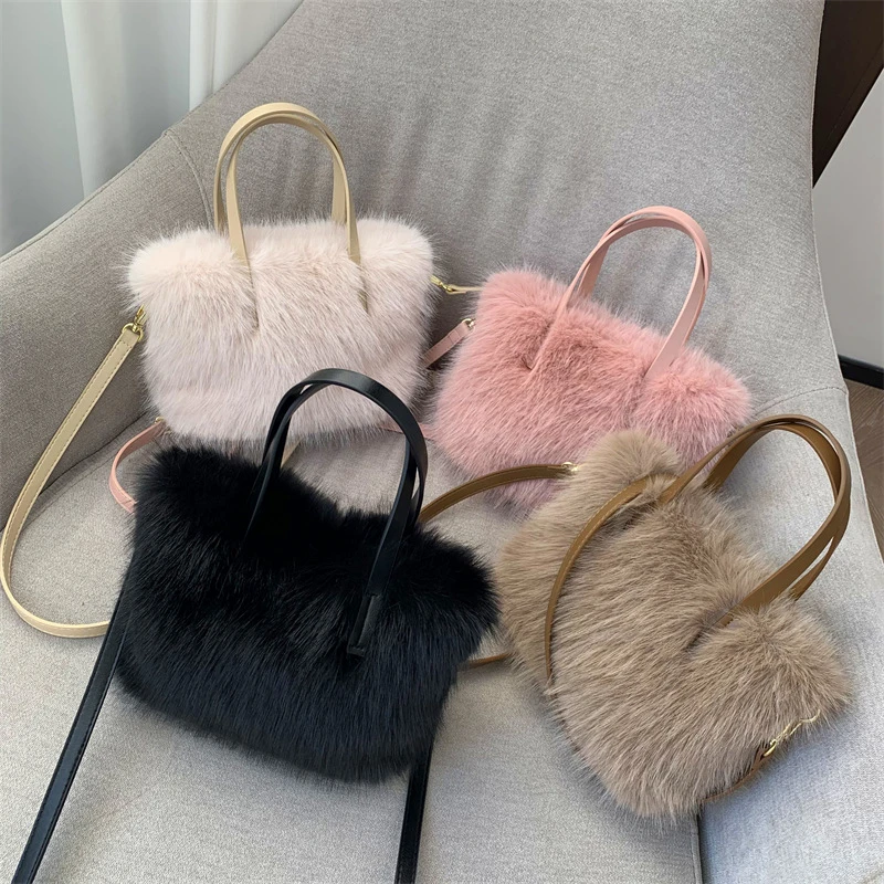 Luxury Faux Fur Ladies Square Shoulder Bags Winter Fluffy Female Crossbody Bag Soft Furry Plush Women\'s Small Handbags Purse