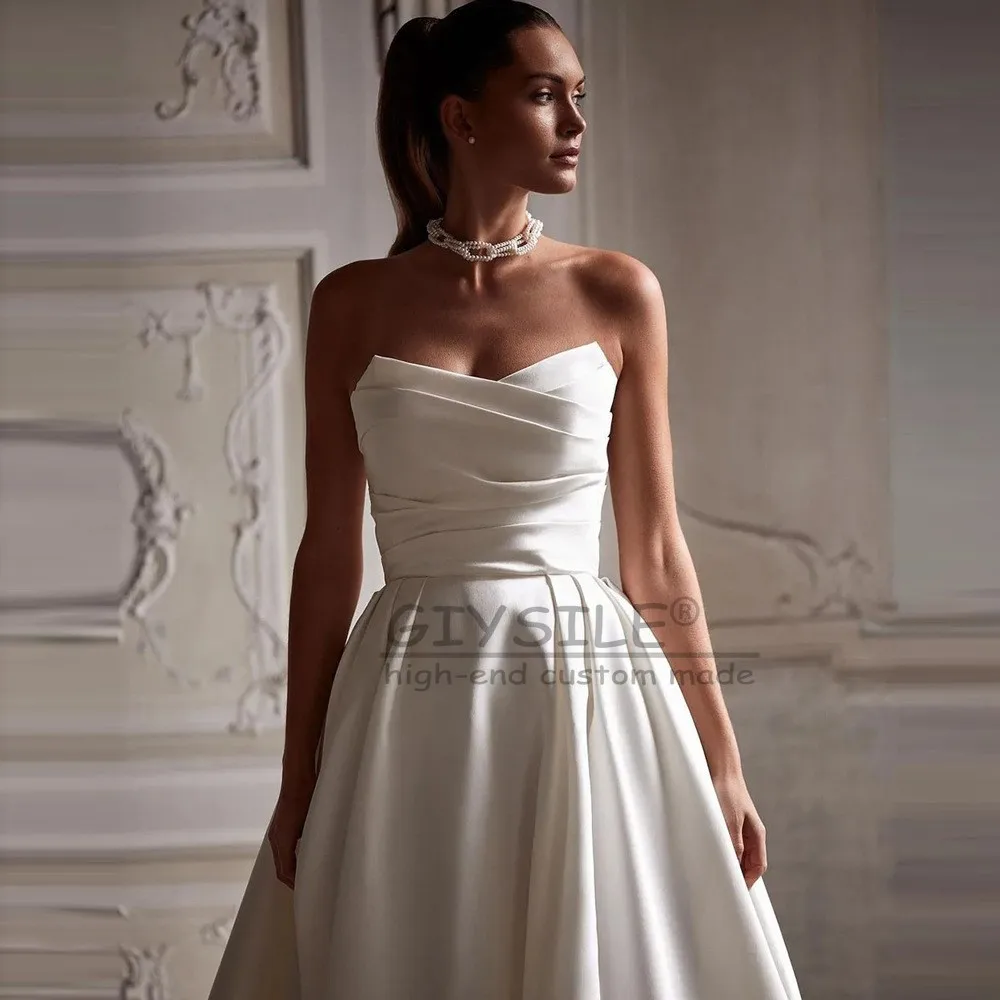 GIYSILE Customized French Satin Strapless Wedding Dresses Simple A-line Trailing Princess Travel Photo Bride Main Wedding Dress