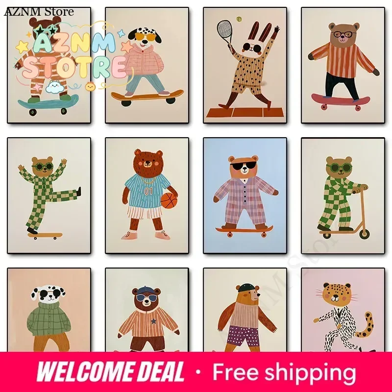 Sports Cool Skateboarding Dog Dancing Raccoon Basketball Bear Poster Print Wall Art Pictures Canvas Painting Room Home Decor