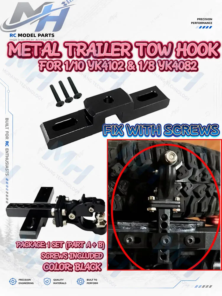 Metal Trailer Tow Hook Mount with Screws & Tools for 1/10 YK4102 1/8 YK4082 YiKong RC Crawler