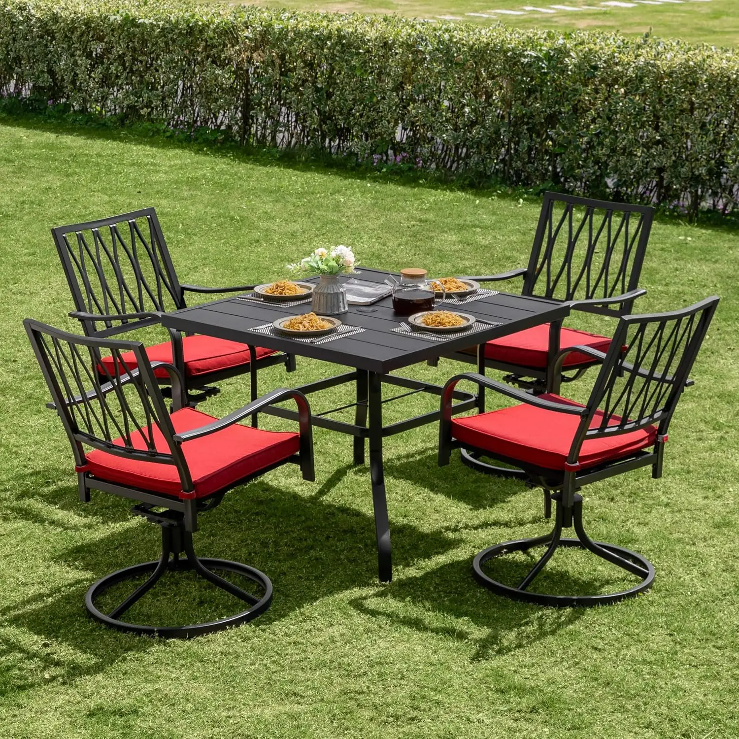 5 Piece Outdoor Dining Set, Outdoor Furniture Set for Square Iron Umbrella Dining Table and 4 Cushioned Swivel, Customized