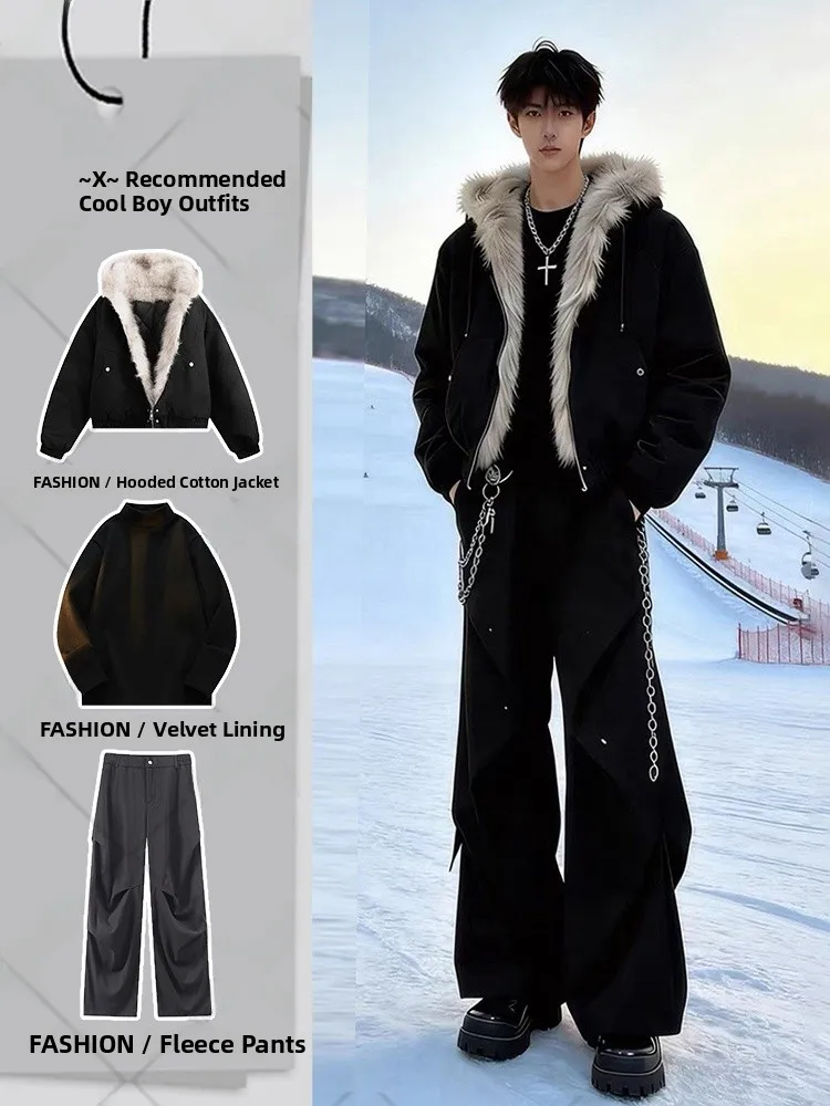 

Black Pleated Bell Bottom Pants Men's Cool Fashionable American Style Fleece Lined Casual Trousers Slimming Wide Leg Workwear