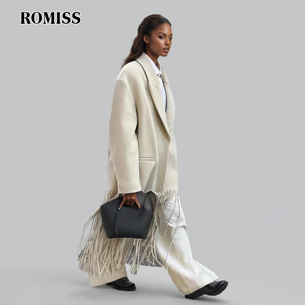 ROMISS Patchwork Tassel Solid Trench For Women Lapel Shoulder Pad Design Long Sleeve Spliced Pockets Windbreaker Jacket Female