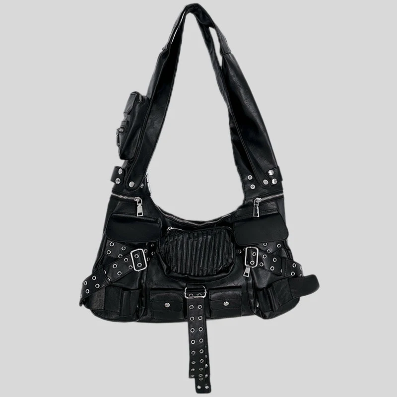 vintage Multiple pockets denim women shoulder bags punk wide strap rivet lady handbags retro Underarm Bags Female purses 2024