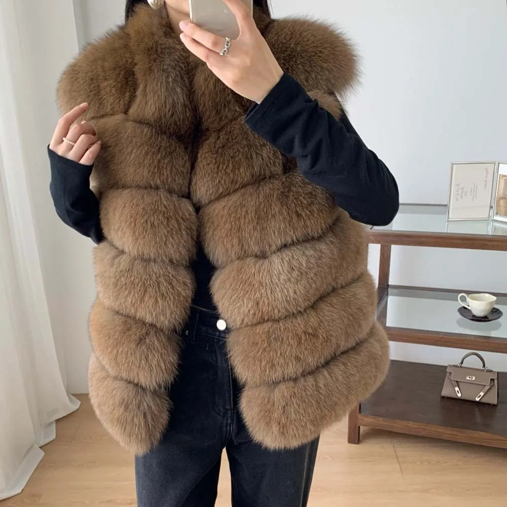 سترة من فرو الثعلب الحقيقي الطبيعي بدون أكمام للشتاء الدافئ سترة من الفرو الطبيعي معاطف من فراء الثعلب