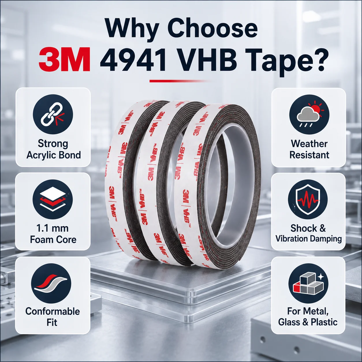 3M 4941 VHB Acrylic Foam Double Sided Tape Strong Bond for Automotive Trim Metal Panels Glass Plastic 1.1mm x 3m 5-50mm