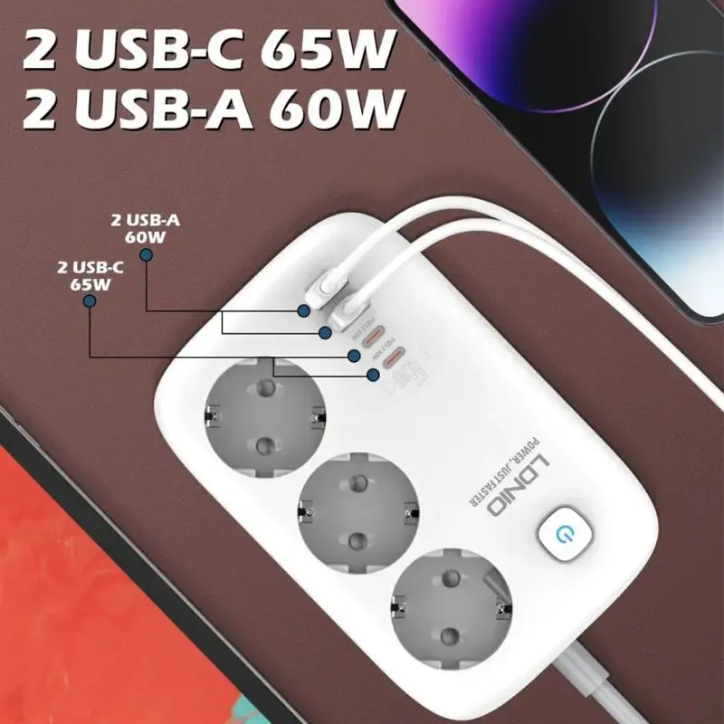 Regleta LDNIO estándar de la UE, 3 salidas, 4 puertos USB PD65w GaN UsB, carga, filtro de red de 3250W, adaptador de enchufe de cable de extensión de 2M