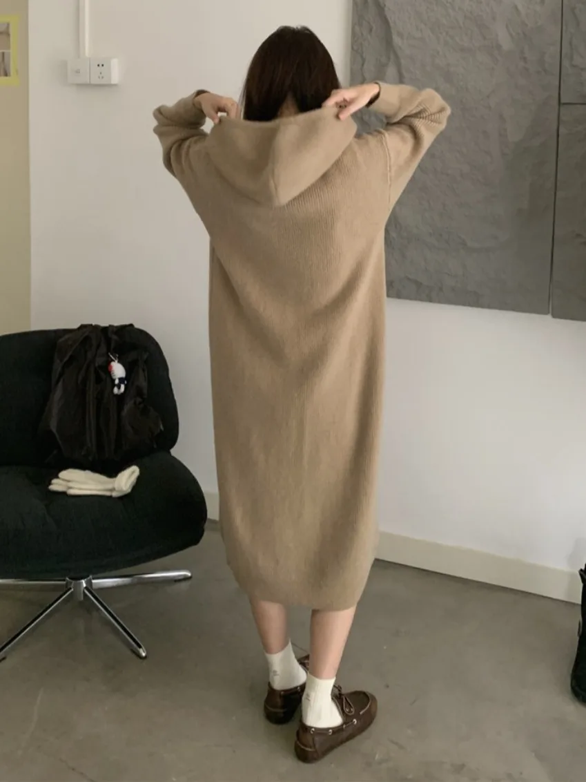 가을 겨울 부드럽고 포근한 후드 니트 여성 루즈 롱 스웨터 한국 스타일 캐주얼 웨어 학교 및 거리용