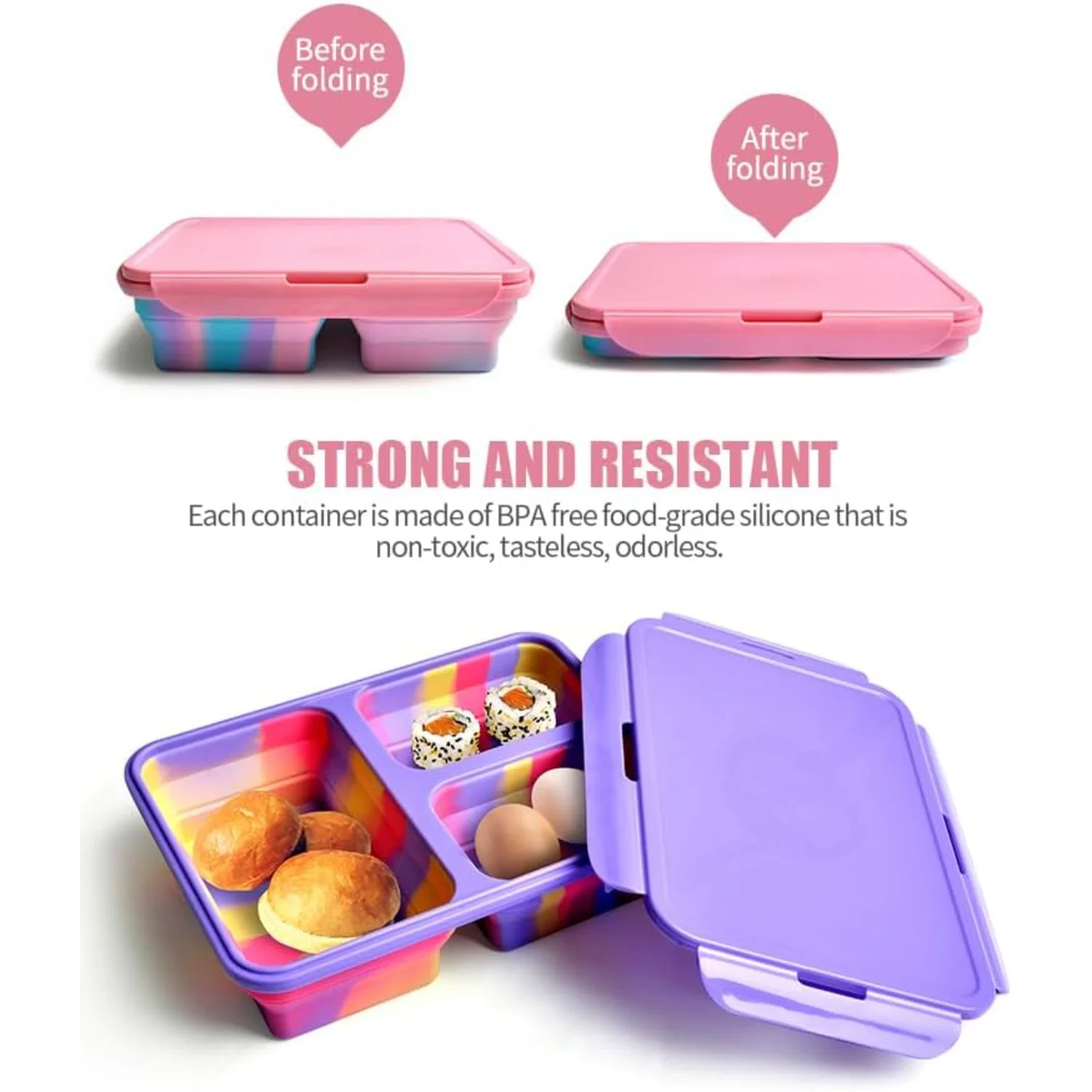 Collapsible Food  Containers Foldable Silicone Lunch Containers with  Microwave and Dishwasher Safe.  pack.