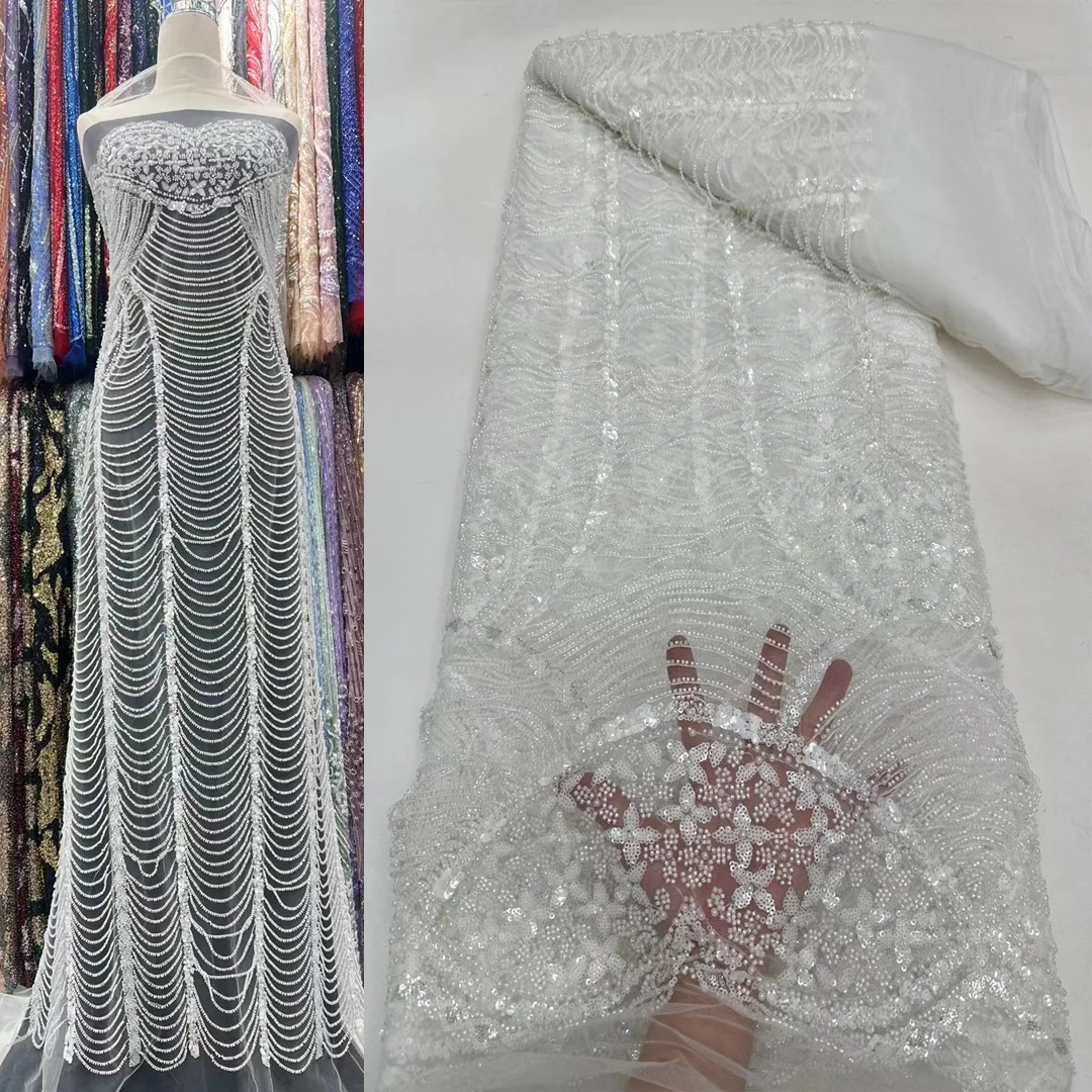 

(5yards/pc) High quality beads sequins embroidered French tulle lace white African wedding net lace fabric for dress FRX201