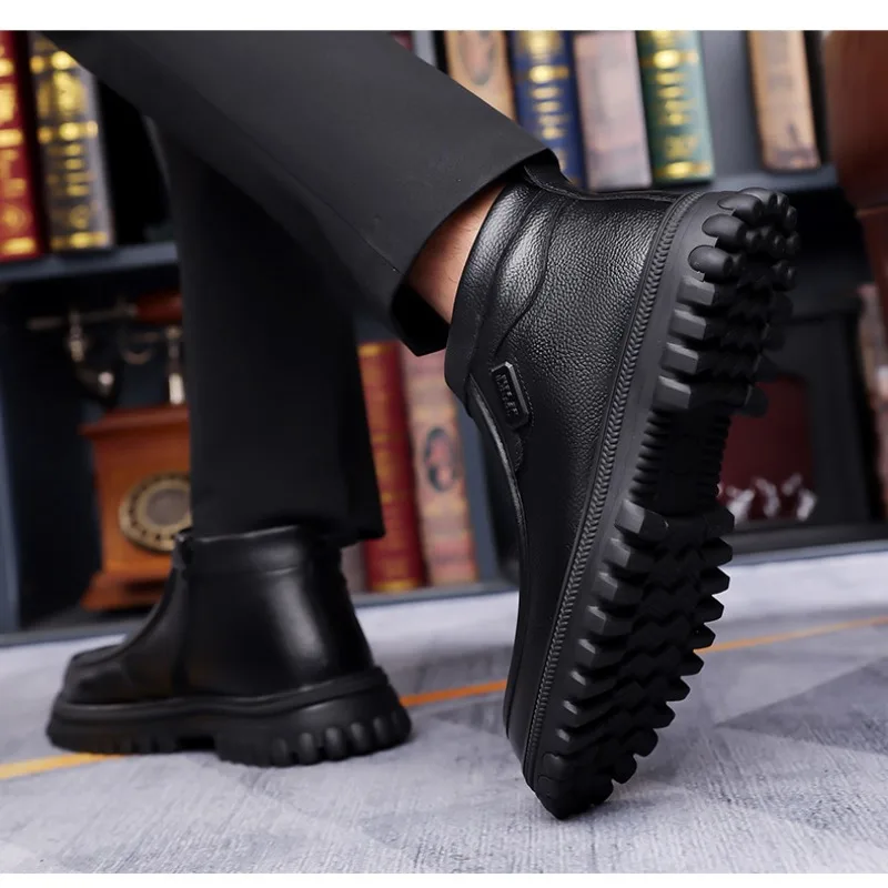 Botas de neve de veludo de plataforma de couro de inverno para homens moda sola macia aumentar sapatos de algodão masculino designer preto botas de tornozelo