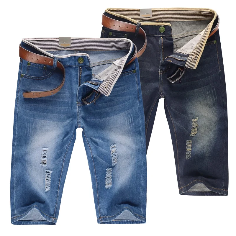 29-40 New Summer Men's Personalized Washable Perforated Denim Pants Large Casual Middle Pants