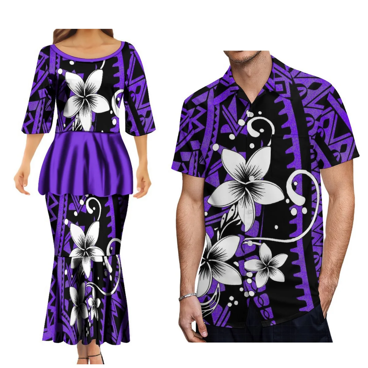 

New Samoan Women'S Fashion Women'S Dress Puletasi Ethnic Dress Polynesian Tribe With Men'S Shirt Couple Suit