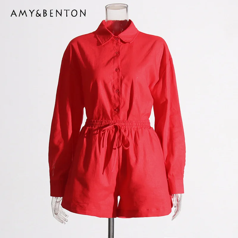 

Women's Fashion Simple Style Suit 2026 New High-end Lapel Solid Color Shirt Top High-waisted Loose Casual Shorts Suits Ladies