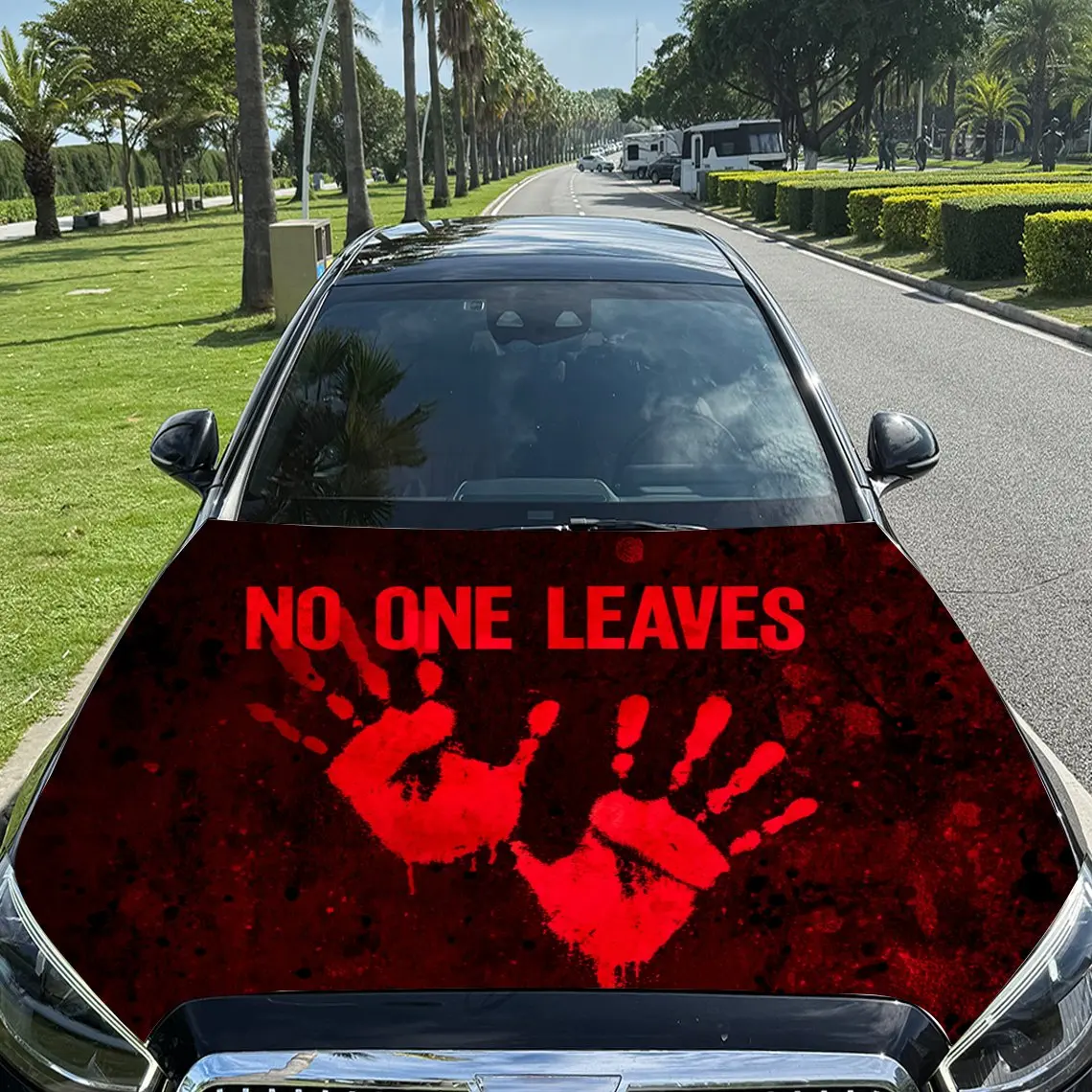 

Car Decals "NO ONE LEAVES" with Red Bloody Handprints Car Hood Sticker, Waterproof Self - Adhesive Vinyl Graphics Decals, Decora