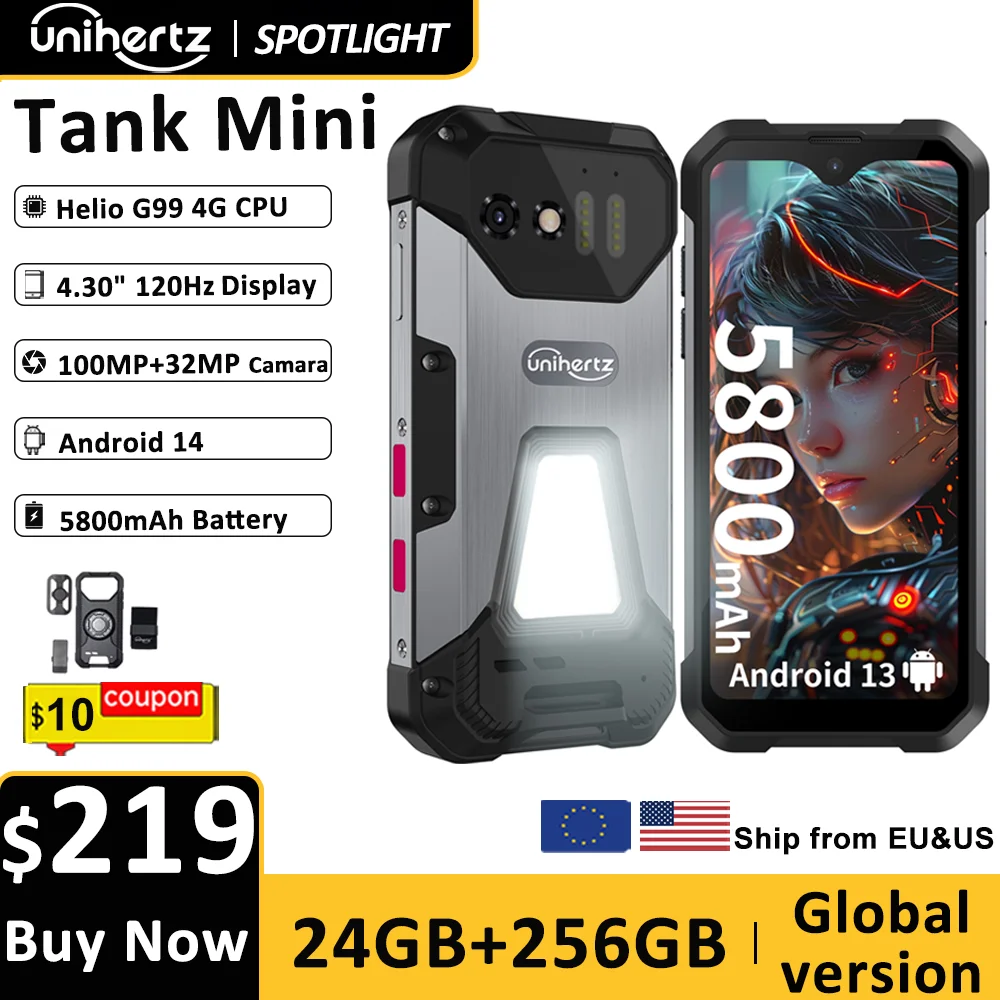 Unihertz 8849 Tank Mini Rugged Smartphone 4.3 Inch Display Android 13 5800mAh 24GB 256GB Helio G99 Octa Core 100MP Cameras IP68
