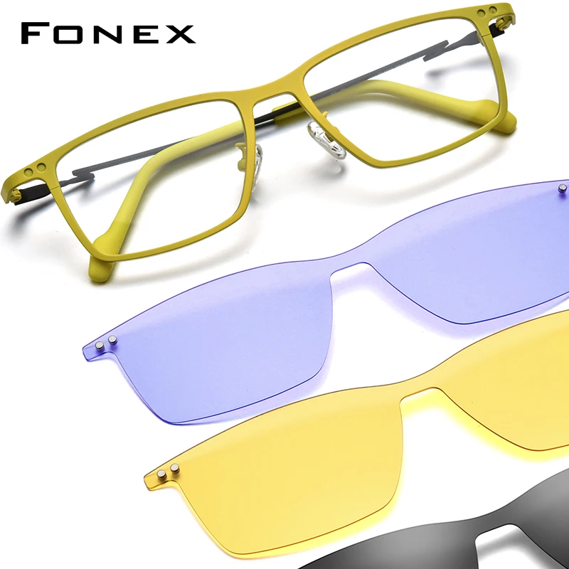 FONEX Titanium Glasses Frame Men Japanese Eyewear Square Magnet Clip on Eyeglasses with Night Vision & Polarized Lens 85796