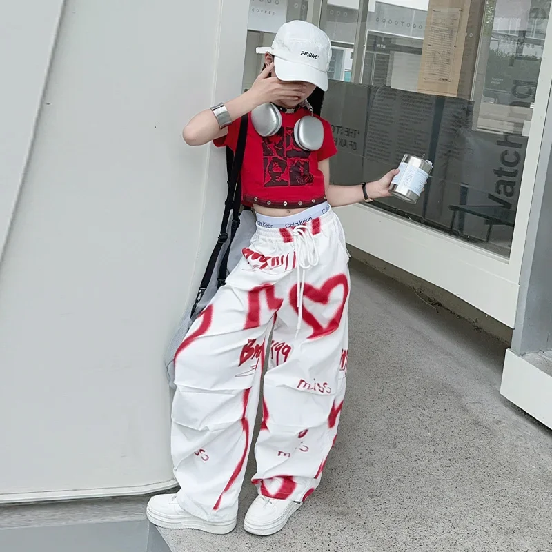 summer junior Girls Love Graffiti Casual Pants teenager girl Casual Hip Hop cargo pants kids Dance pants children clothes