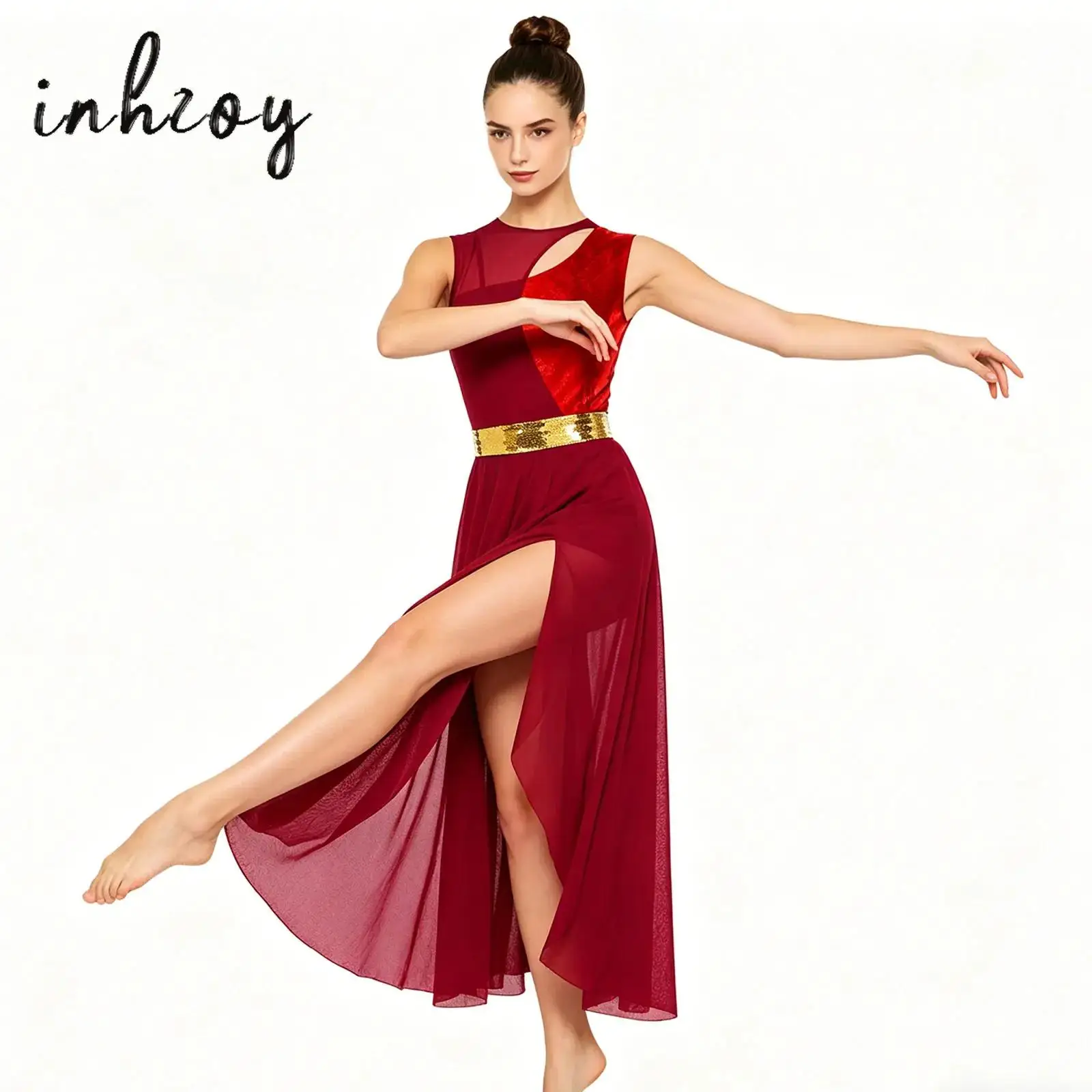 

Asymmetrical Split Sheer Mesh Spliced Modern Lyrical Dance Wear for Women Stage Performance Costume Mesh Long Maxi Dresses