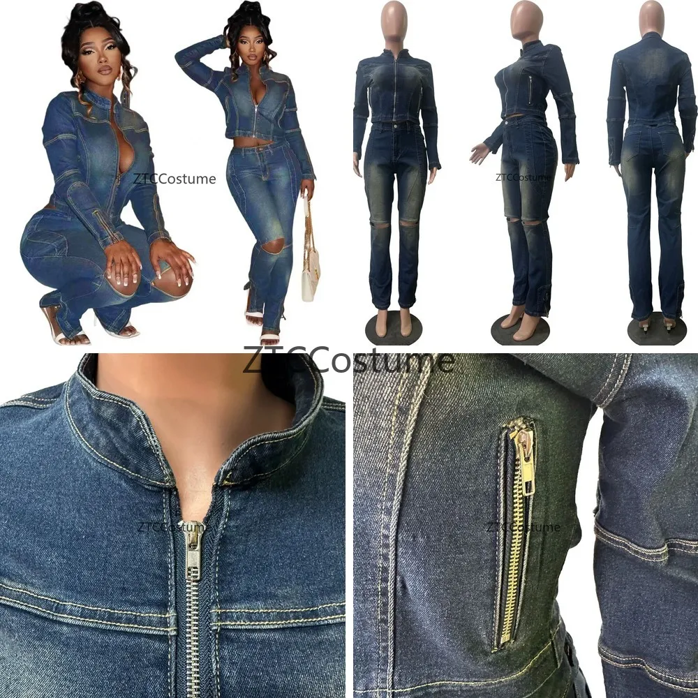 

Cosplay Women Elastic Denim Two Piece Set Long Sleeve Zipper Jacket with Pants Streetwear Outfit Casual Jumpsuit
