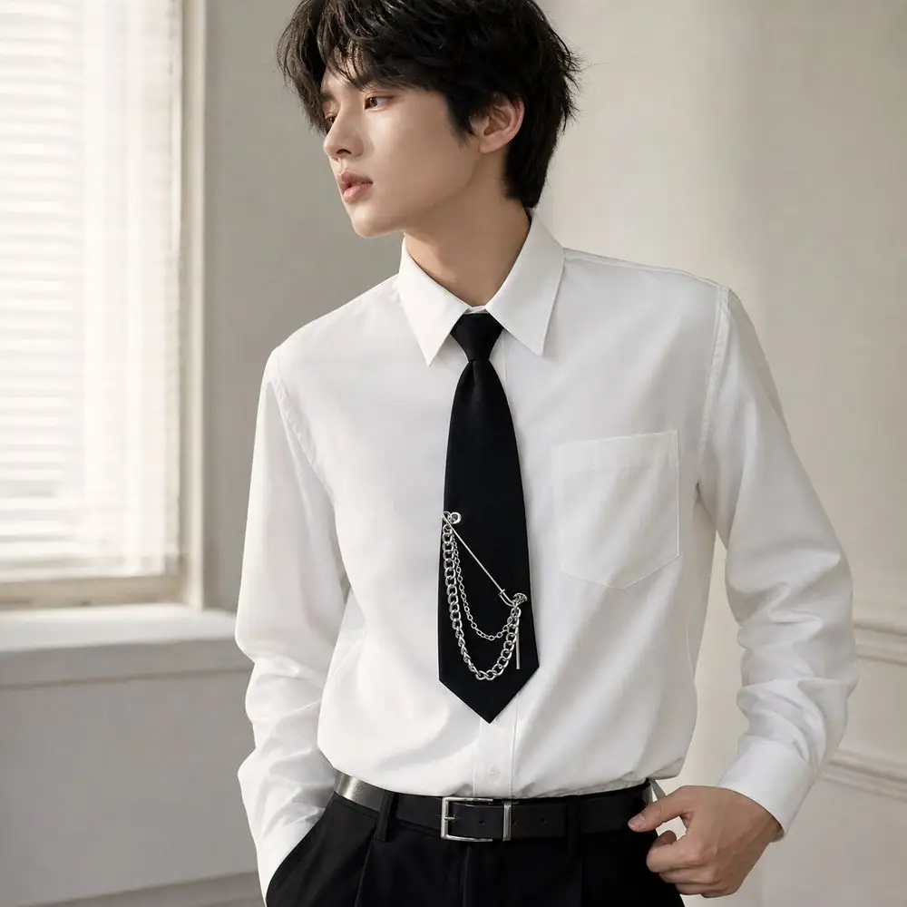 Gifts Black Pre-Tied Necktie Safety Pin Detail Adjustable Neck Strap Chain Necktie Alloy Chain Punk Necktie Daily Outfits