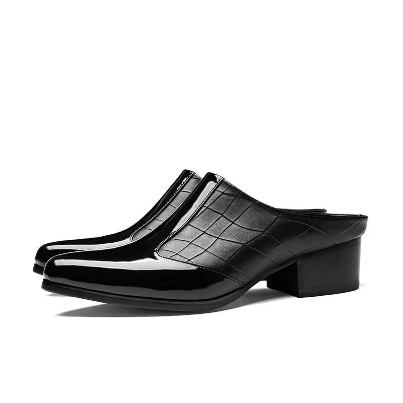Men's Black Croc‑Print Backless Mule Loafers Block Heel Square Toe Leather Slippers