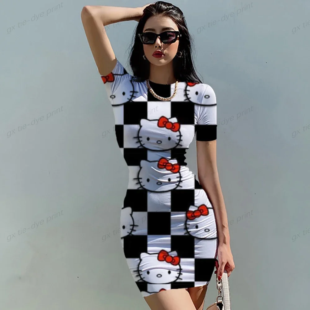 Hello Kitty Print Zomerjurk Sexy O-Hals Casual Nauwsluitende Off-Shoulder Korte Bodycon Stretchy 2023 Jurk Vrouwen