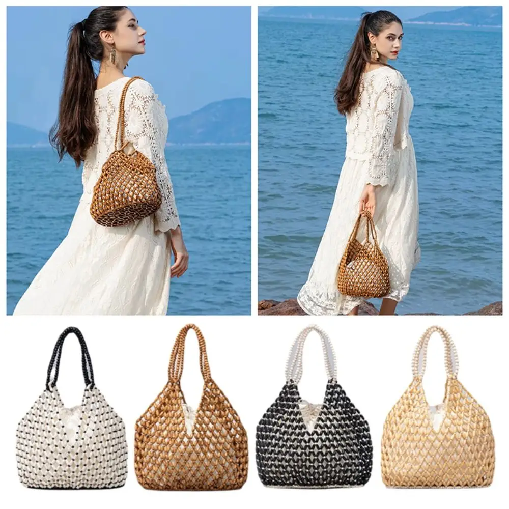 Casual Polyester Lining Beaded Shoulder Bag Large Capacity Handwoven Ladies Handbag Bucket Shape Women Crossbody Bag Casual Wear