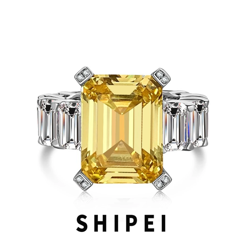 SHIPEI Luxury 925 Sterling Silver Emerald Cut Yellow Sapphire Pink Sapphire White Sapphire Gemstone Engagement Ring Fine Jewelry