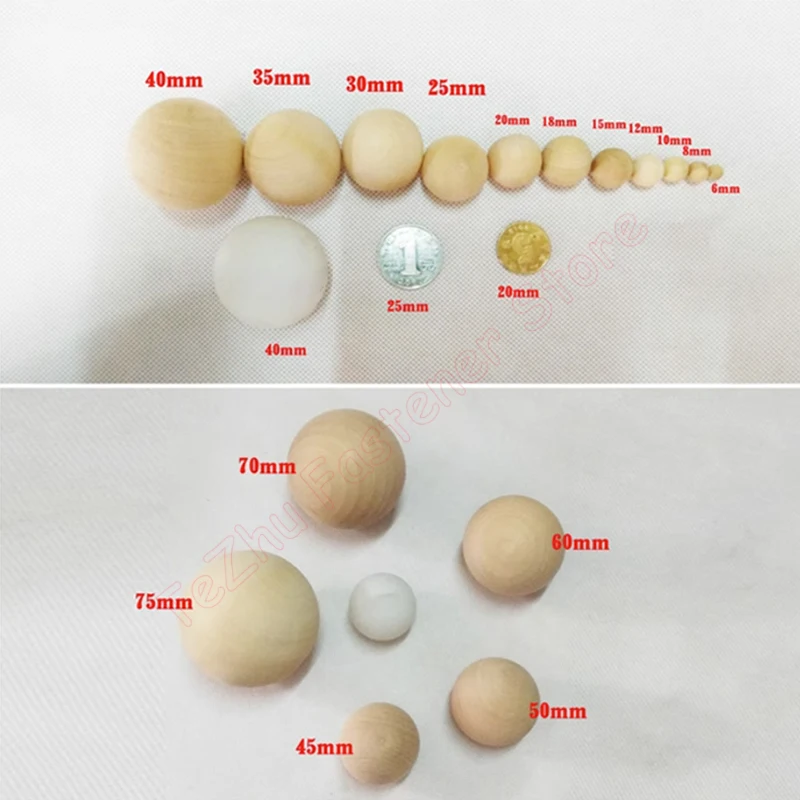 6mm-90mm Diameter Solid Wood Ball No Hole Natural Logs Handmade Wooden Round Beads DIY 6 8 10 12 15 18 20 25 30 35 40 45 50-90mm