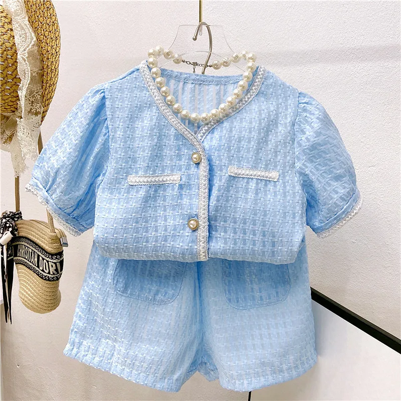 2024 summer girls Clothing Set new girl single-breasted short-sleeved tops shirts + shorts 2pcs Clothes suits