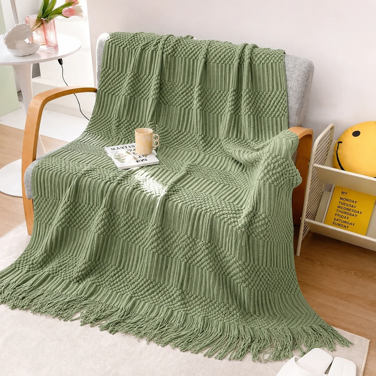 Boho Throw Blanket Fringe - Saliegroene diamantvormige geometrische gebreide plaid met