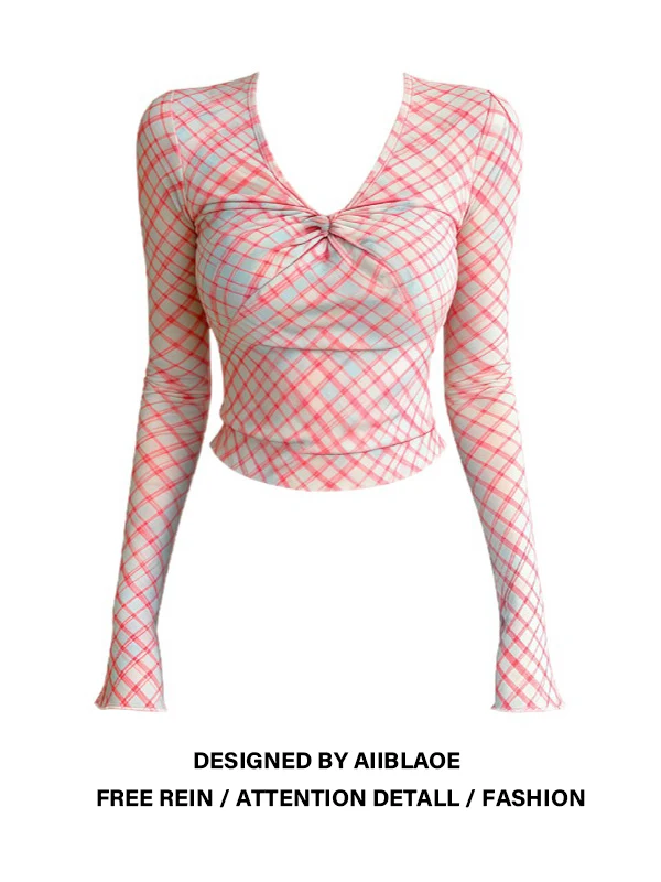 

plus Size Hot Girl Sle T-irt Long Sve Slim Fit Plaid V-Ne Knot Summer Top for Women plus Size Design Sensation Slimm...