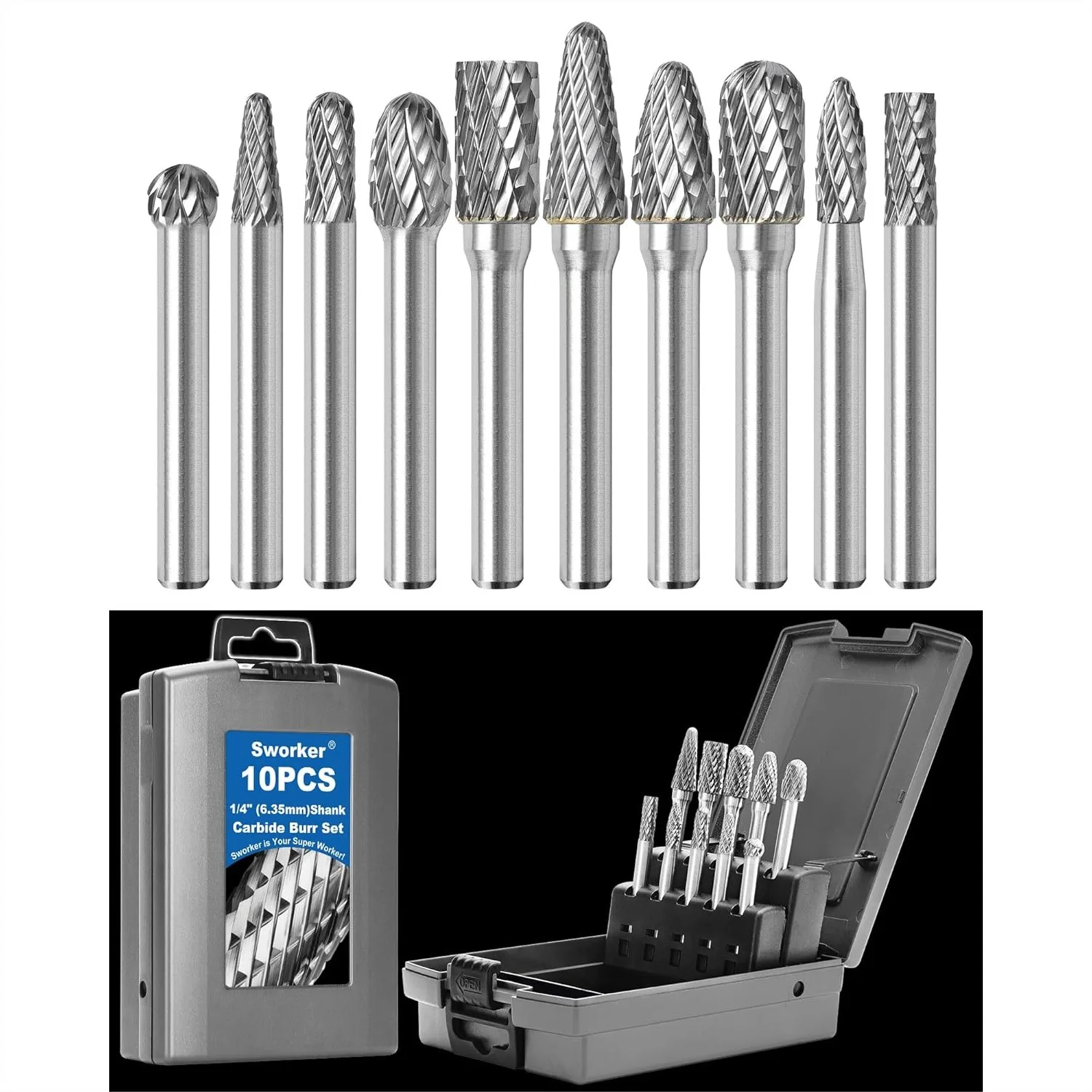 

10Pcs Carbide Burr Set 1/4 Shank Die Grinder Bits Rotary Tools Accessories for Metal Wood Stone Steel Grinding Carving Deburring