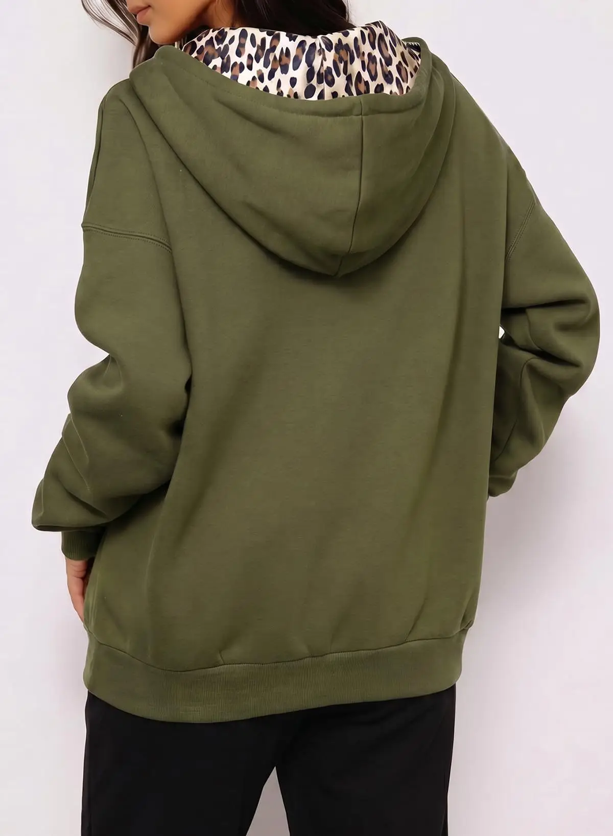 Women's Full Zip Hoodie with Leopard Hood Lining Oversized Long Sleeve Jacket Winter Warm Fleece Lined Sweatshirt Streetwear