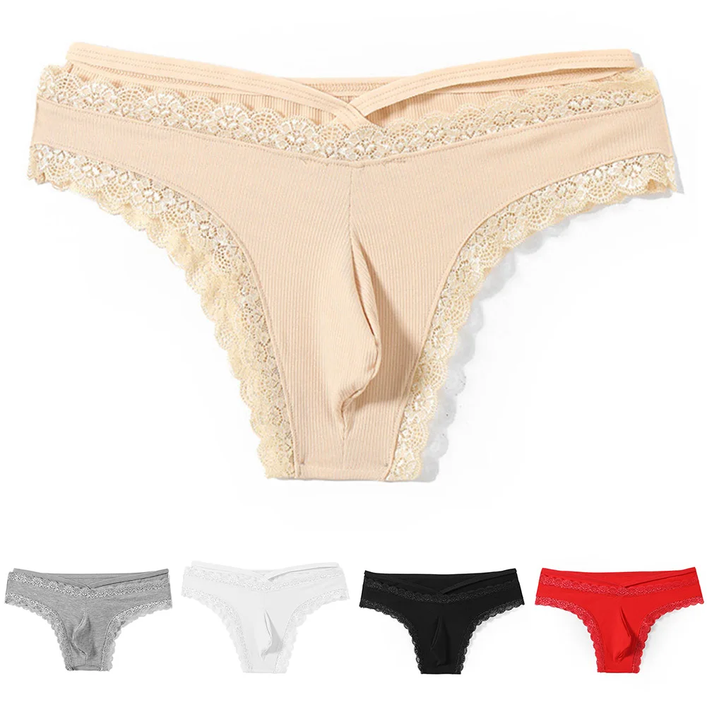 

Men Lace Rrim Sissy Gay Seamless Briefs Underwear Mid Waist Bulge Pouch Lingerie Comfortable Stretch Lingerie Breathable