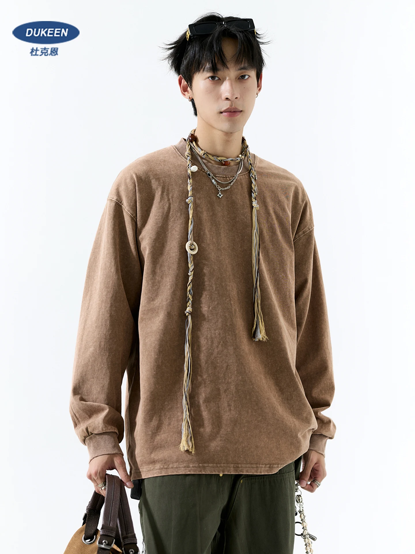 Dukeen 100% algodão vintage lavagem camiseta para homem primavera e outono sem esforço legal retro streetwear manga longa topos 320gsm