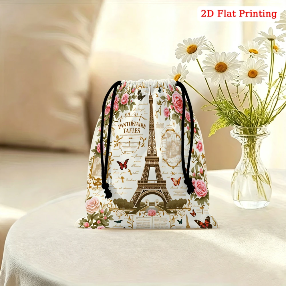 1pc Vintage Style Drawstring Bag Cream Floral Eiffel Tower Print Storage Small Pouch For Travel Jewelry Cosmetics Organizer Wome