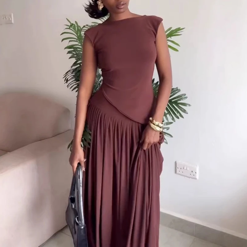 

Fashion O-neck Sleeveless Top Long Skirt Set Women Elegant Commuter Solid 2Pc Outfits Casual Hight Waist Draped Slim Party Suit