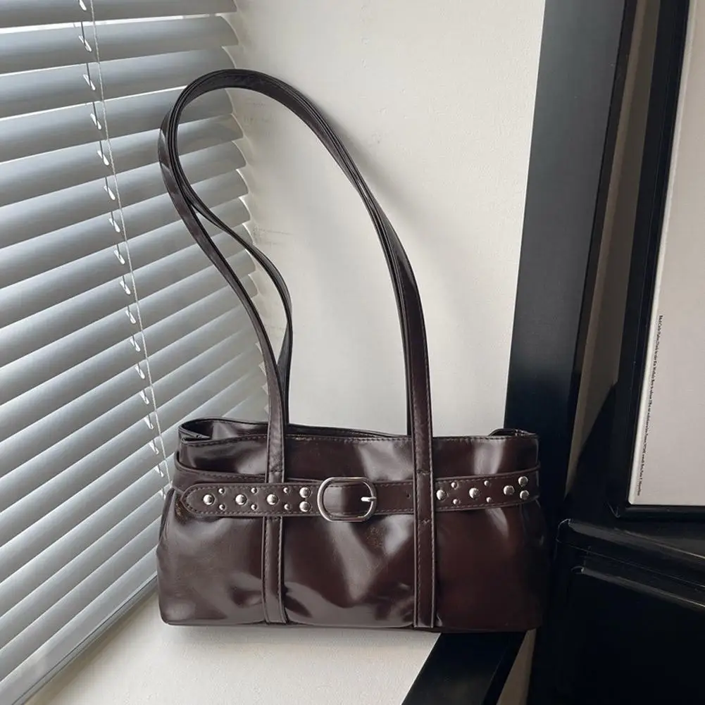 Vintage Motorrad-Gürtelschnallen-Schultertasche für Damen, europäische Retro-PU-Leder-Unterarmtasche, modische Handtasche für Büro und Pendeln – Detail 16