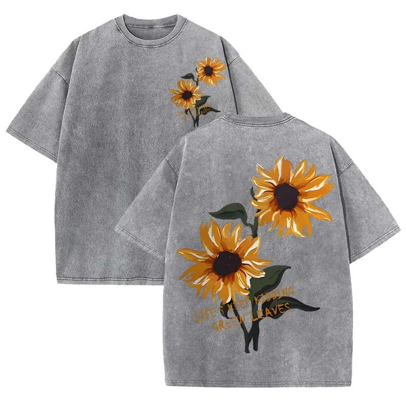 Retro Sonnenblumen-Grafik T-Shirt Grün Acid Wash Lässige Streetwear Unisex Tee – Detail 12