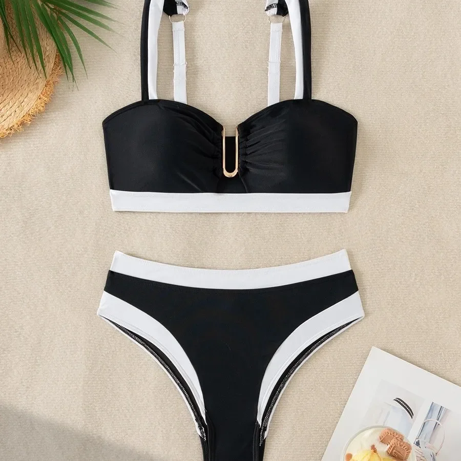 

Metal V-neck Women Swimwear Bikinis Thongs Swimsuit High Waist Biquini Beachwear Solid Bathing Suit Sexy Two Piece Bikini Sets